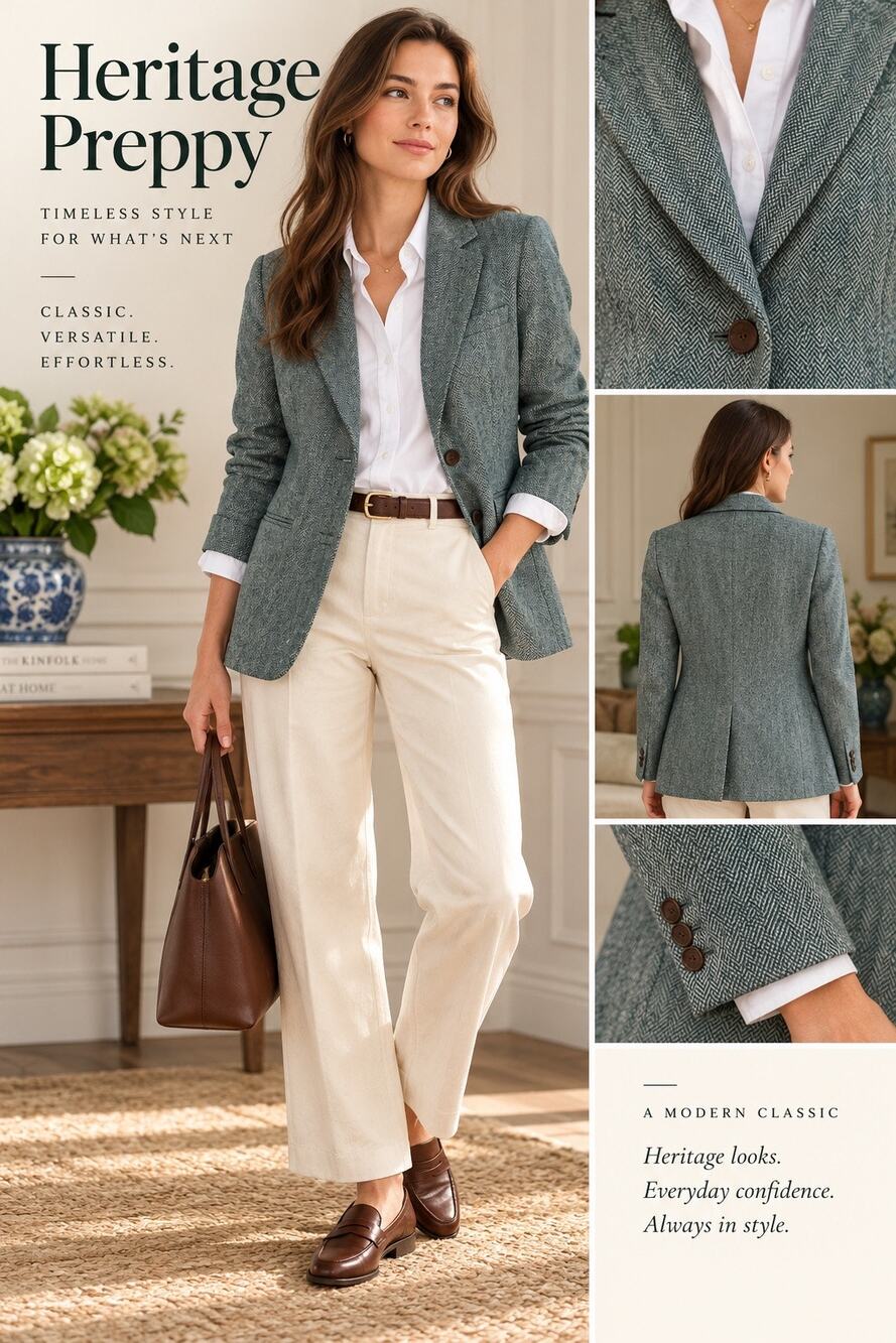 Heritage Preppy Academia J.Crew Holland Herringbone Wool Blazer Green Size 10